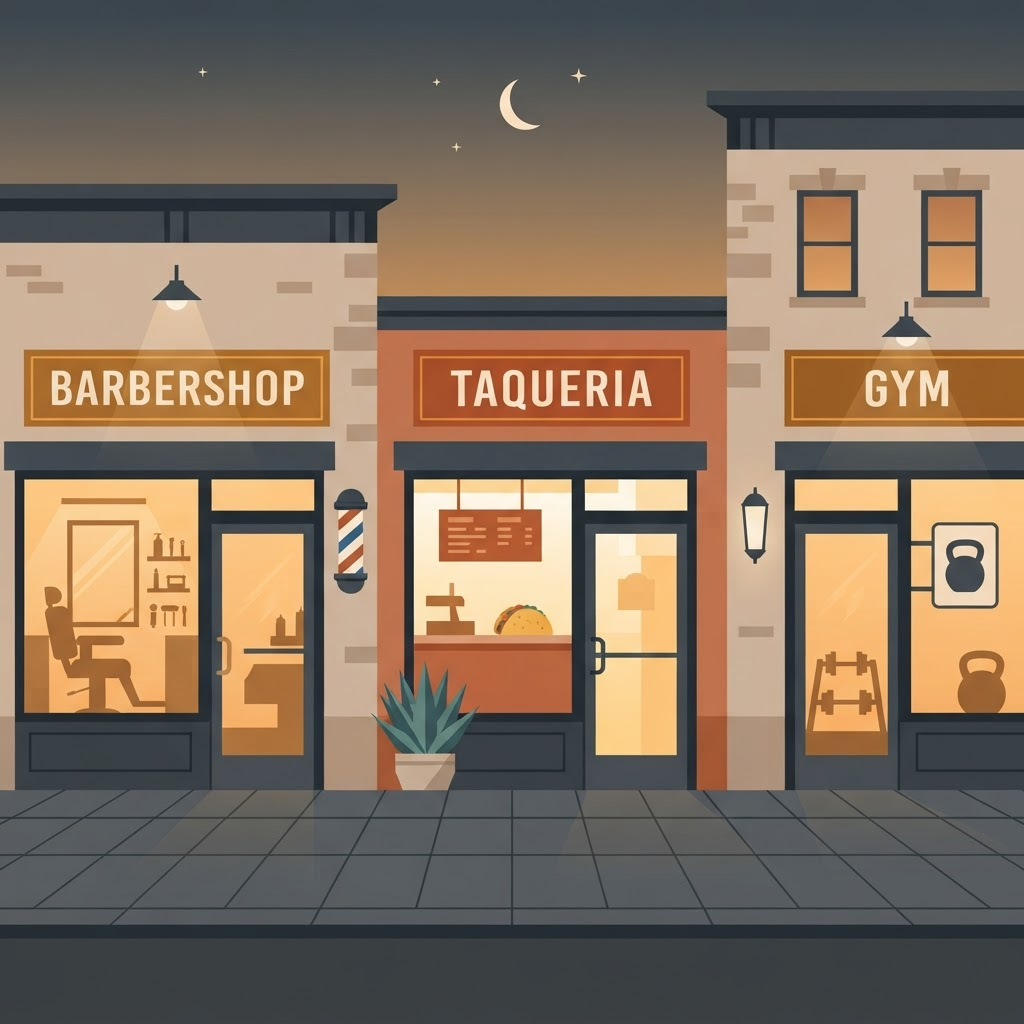 Ilustración de una fila de negocios locales: una barbería, una taquería y un gimnasio.